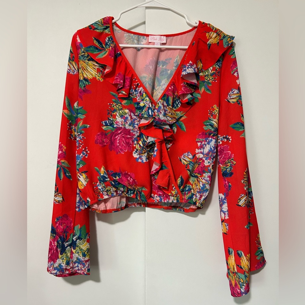NWOT Tropical long sleeve cropped blouse Pink Lily